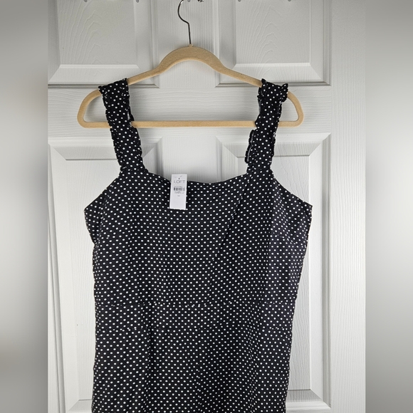 NWT LOFT Black White Dotted Ruffle Strap Wide Leg Linen Blend Jumpsuit Size 14 - Picture 4 of 12